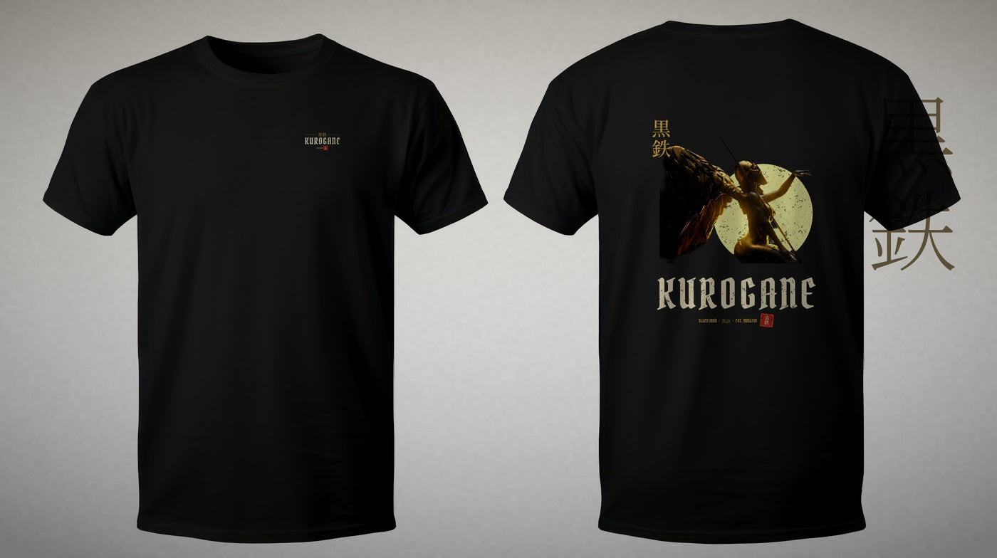 KUROGANE VALKYRIE tee, studio front and back on stone backdrop
