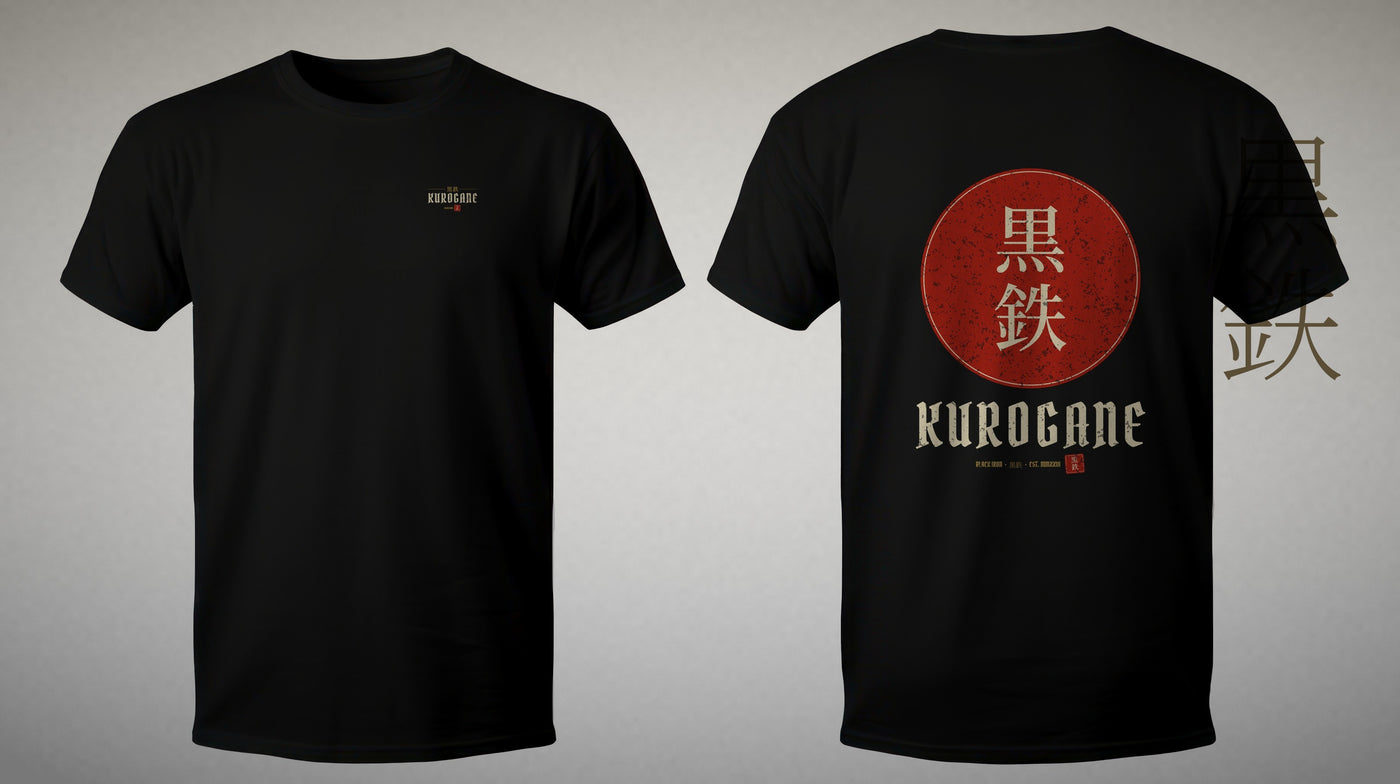 KUROGANE CREST tee, studio front and back on stone backdrop