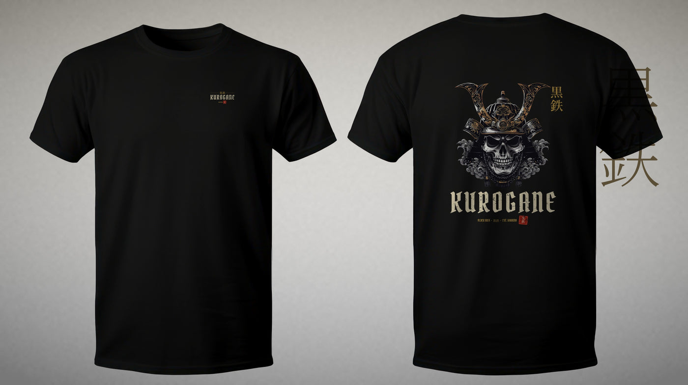 KUROGANE SHOGUN tee, studio front and back on stone backdrop