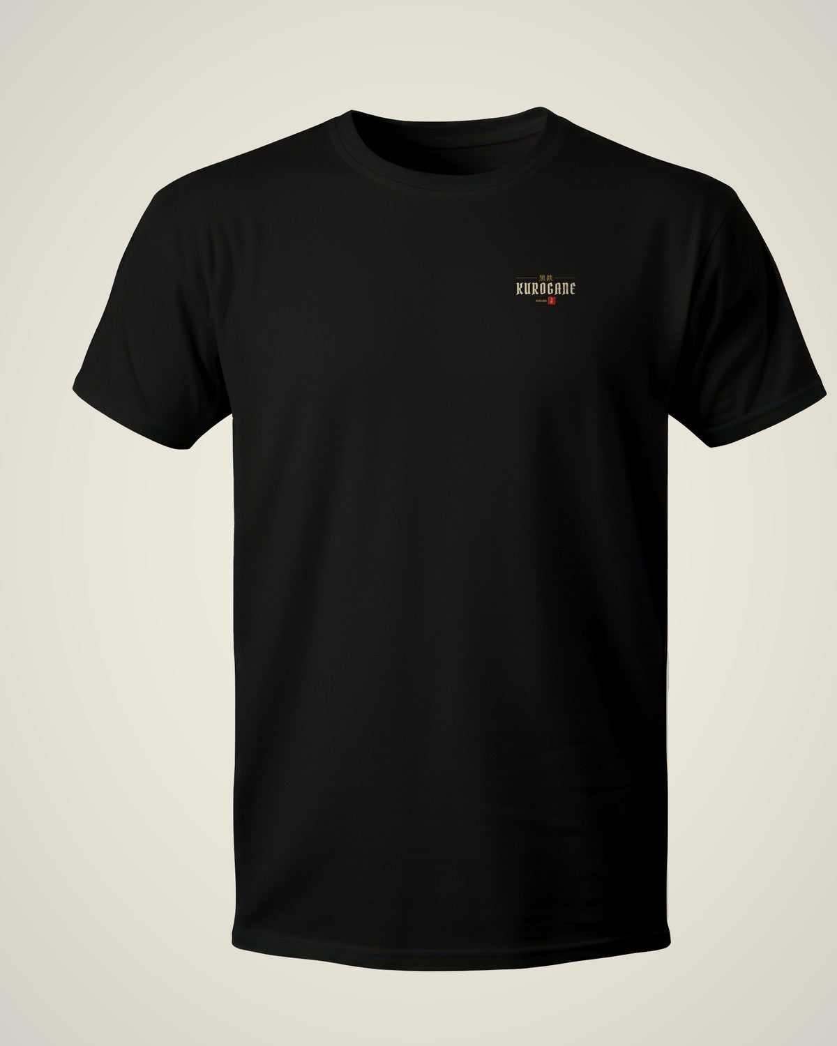 KUROGANE tee front, left chest crest, cream studio product shot