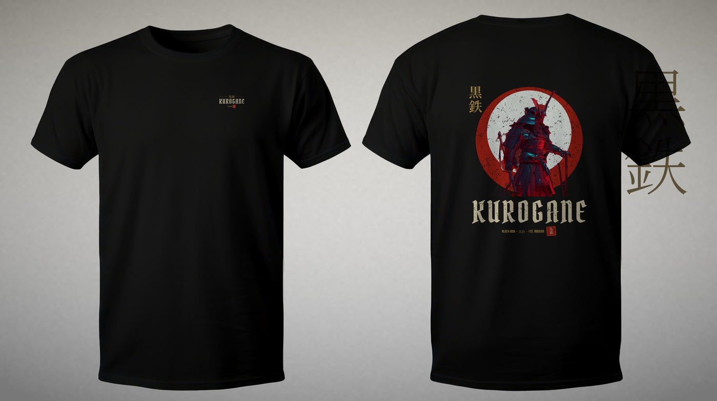 KUROGANE AKAI tee, studio front and back on stone backdrop