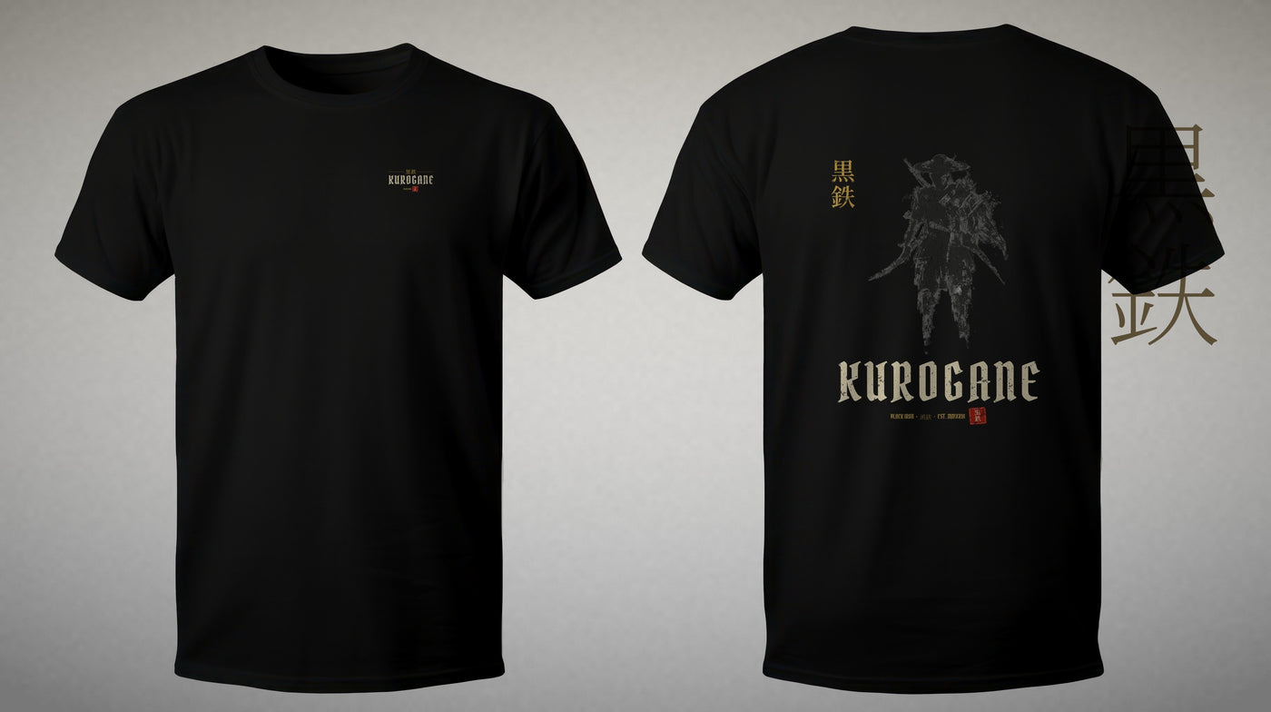 KUROGANE RONIN tee, studio front and back on stone backdrop