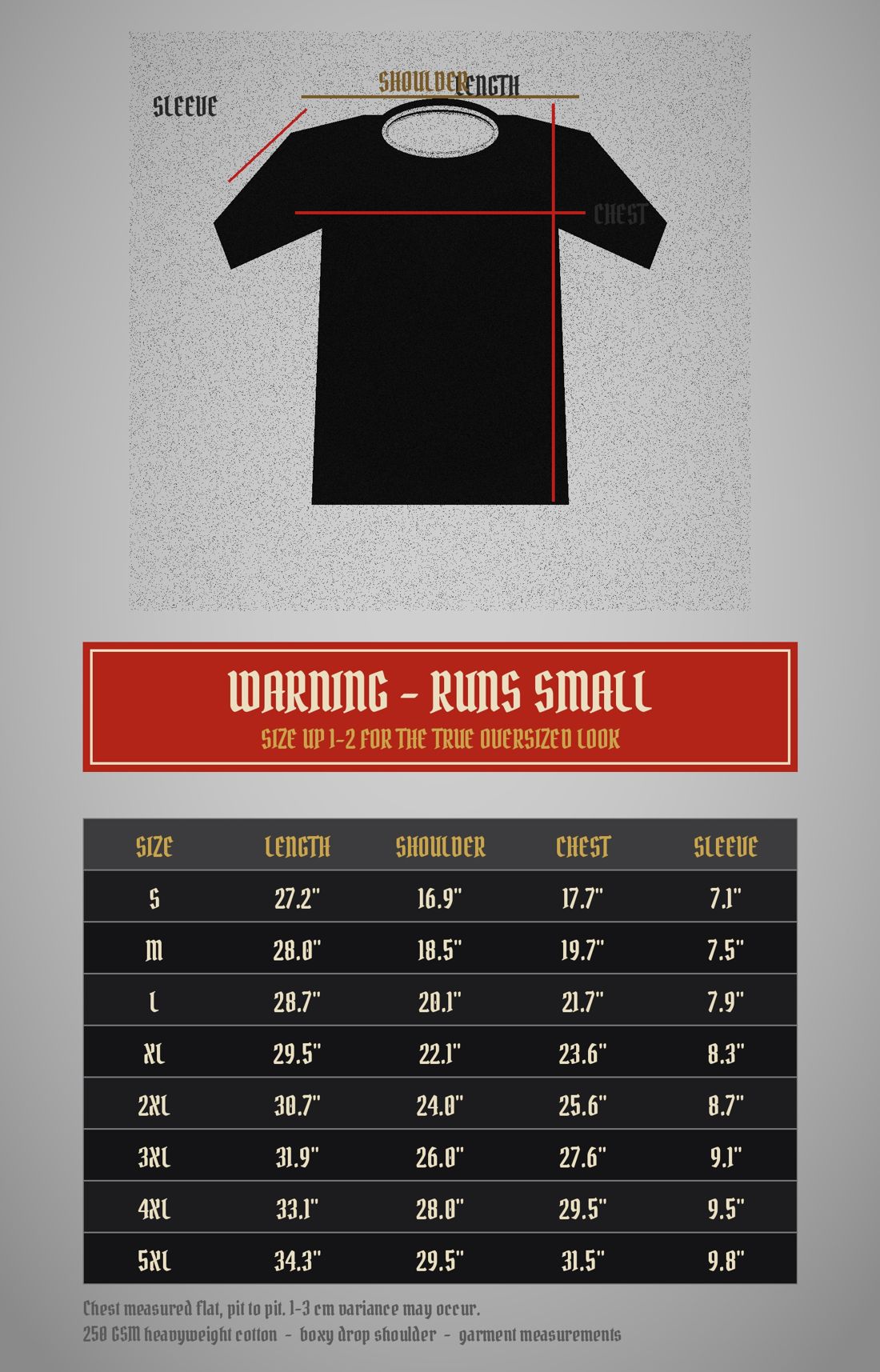 KUROGANE size chart: S through 5XL garment measurements